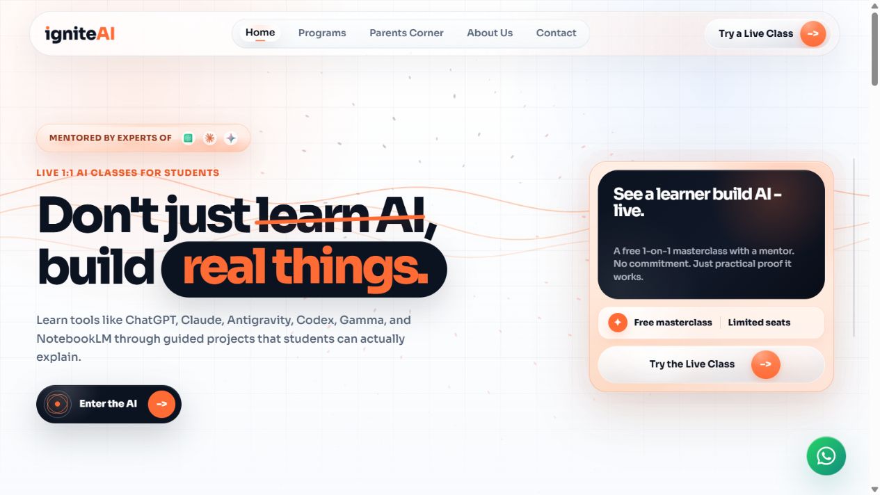 IgniteAI homepage for live one-to-one AI classes